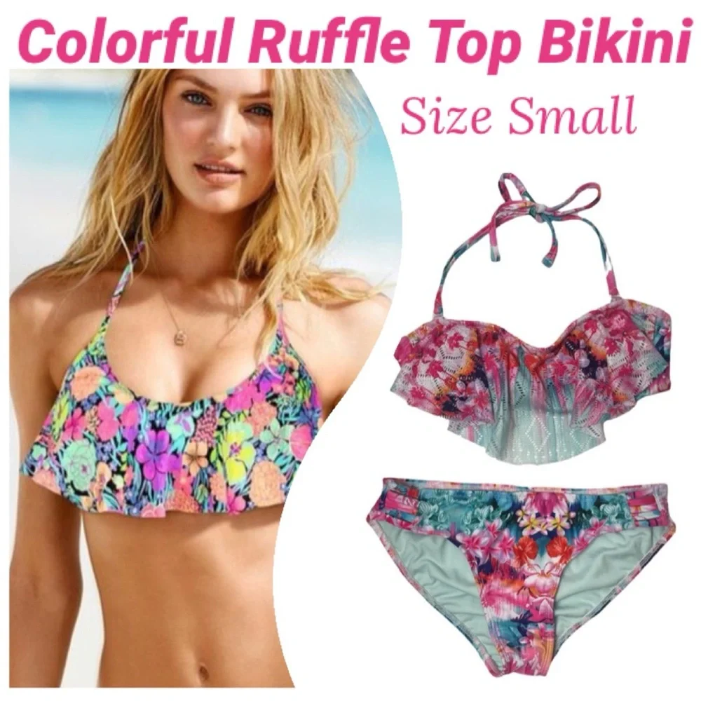 Vintage Y2K Bikini Romantic Ruffle Swimsuit Pastel Floral Pink White Size Small